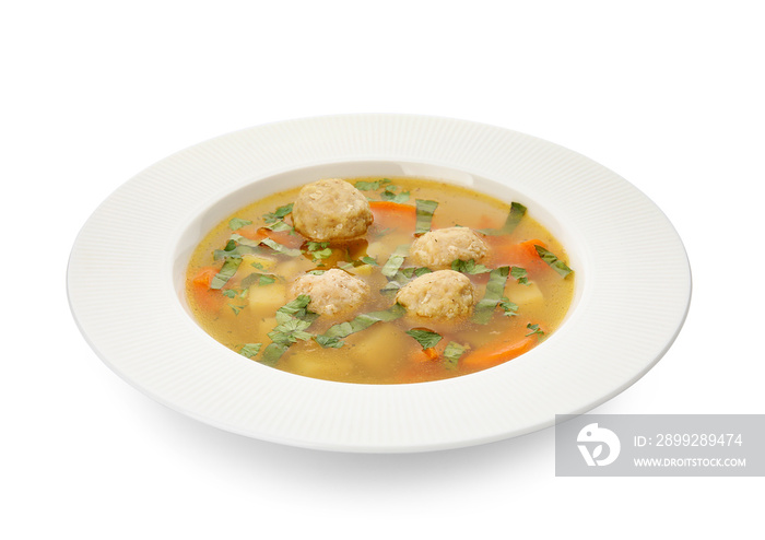 Bowl with tasty meatball soup on white background