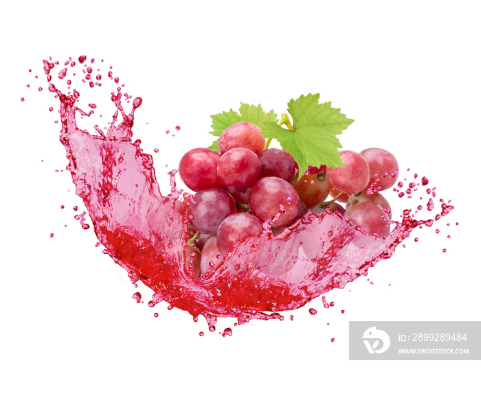 Red wine grapes with juice splash isolated on white background.