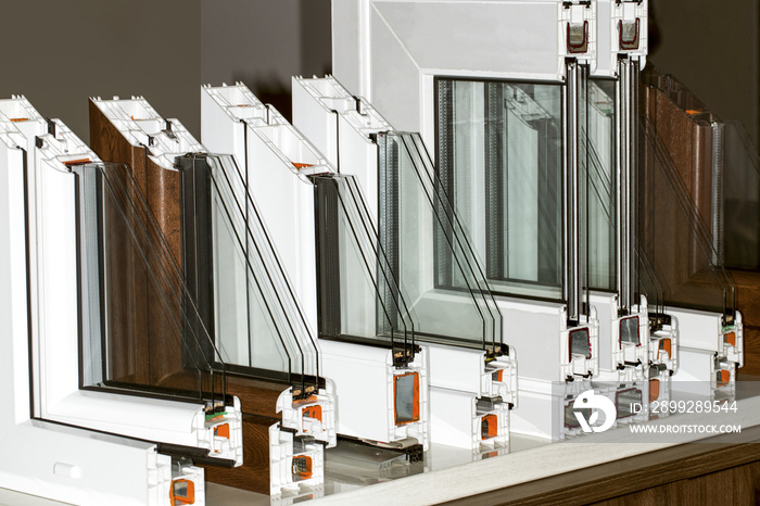 profile of a plastic window, a section of a multi-compartment double-glazed window close-up