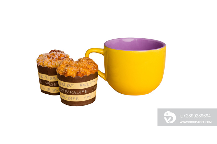 Yellow cup and muffin isolated on white background