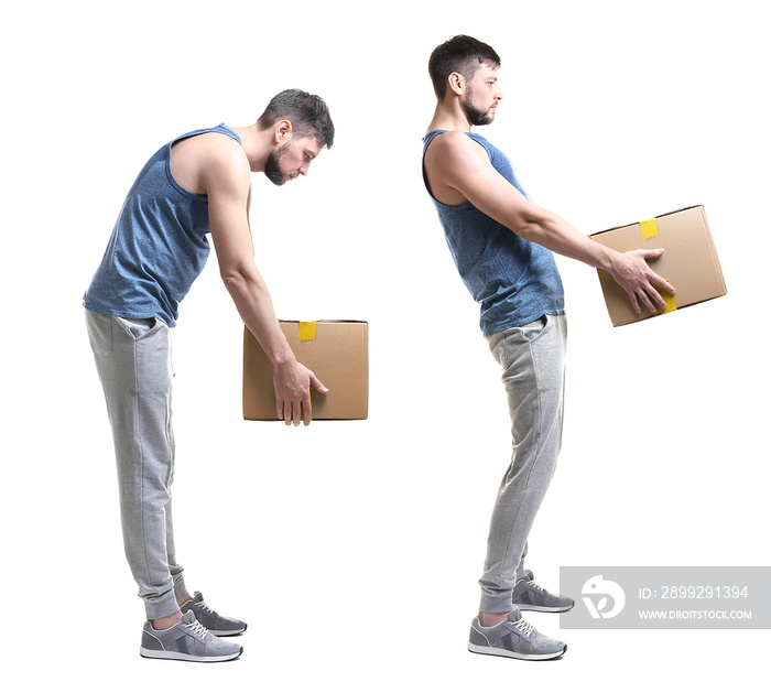 Rehabilitation concept. Collage of man with poor posture lifting heavy cardboard box on white background