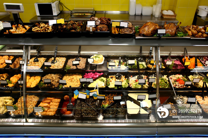 Assortment of prepared food in supermarket