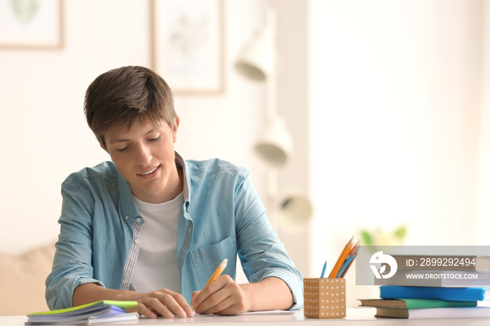 Teenager boy doing homework at home