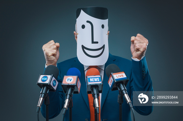 Politician wearing a fake character mask during his speech