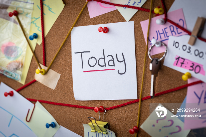 Close-up view of a detective board with evidence. In the center is a white sheet attached with a red pin with the text Today