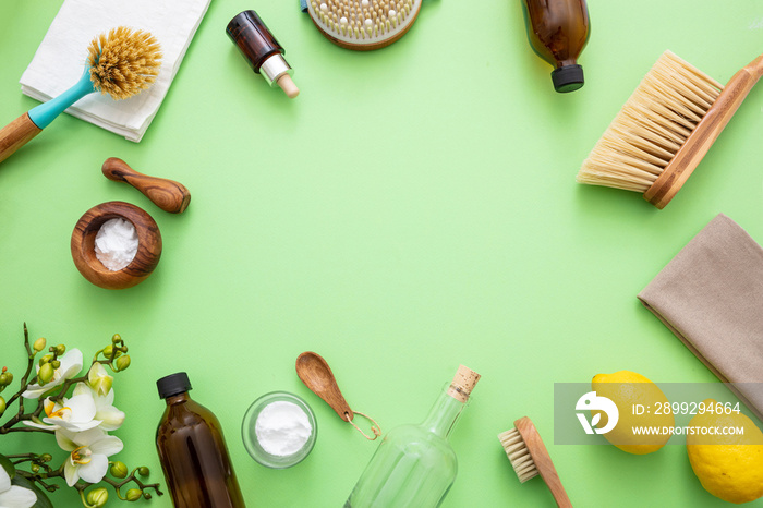 Cleaning eco products background, soda, lemon, vinegar