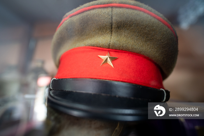 Old Military Cap With Red Star Symbol, The scene war cap in World War 2. ..