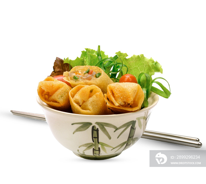 Fried Chinese Traditional Spring rolls food in ceramic bowl  on transparent.