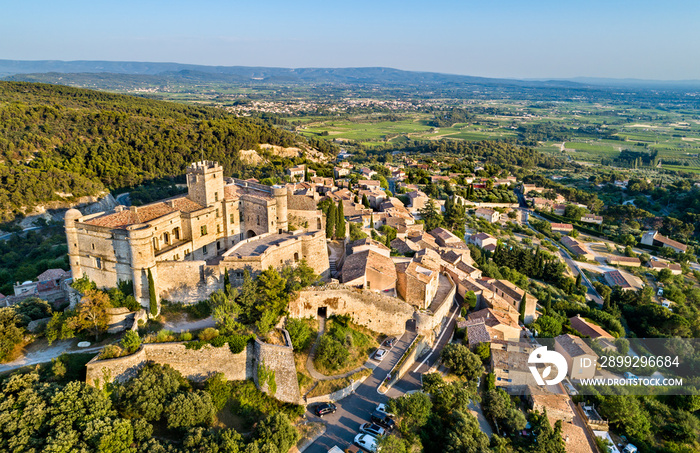 Aerial view of Le Barroux village with its castle. Provence, France