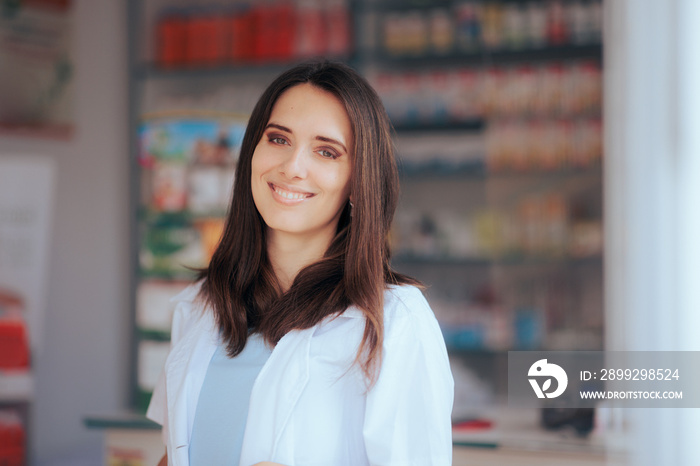 Happy Smiling Pharmacist Woman Standing Welcoming Customers