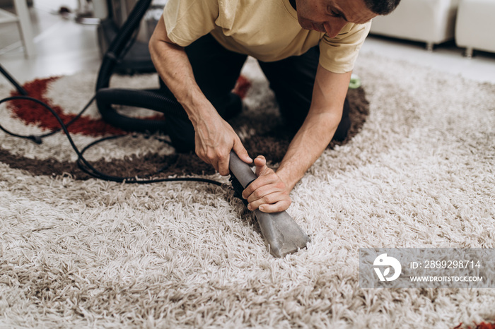 Process of deep carpet cleaning, dirt removing.