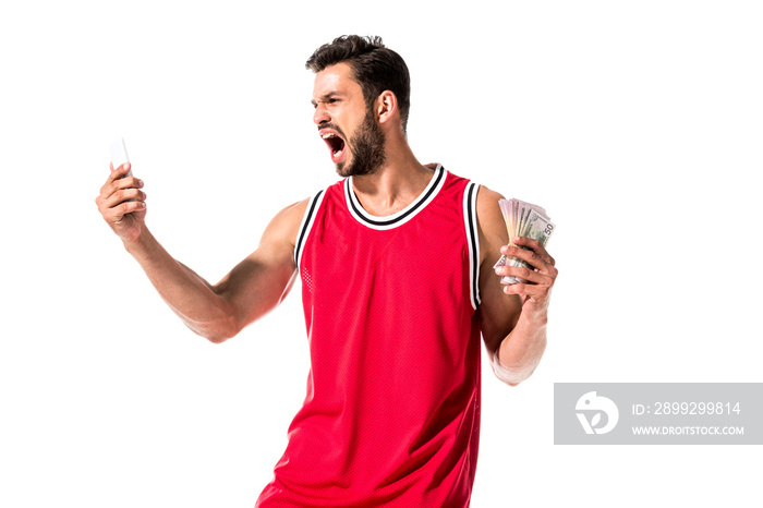 angry basketball player holding money and smartphone Isolated On White