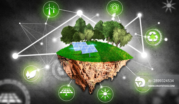 拥有树木、草地、太阳能电池板和可再生能源标志的岛屿