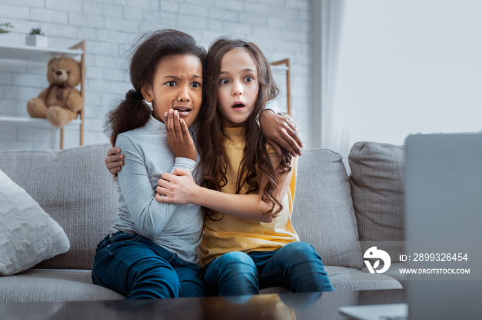 Two scared girls watching horror on laptop at home