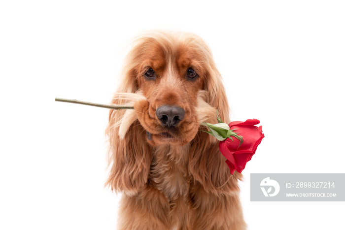 Cocker spaniel dog valentine with rose on isolated background