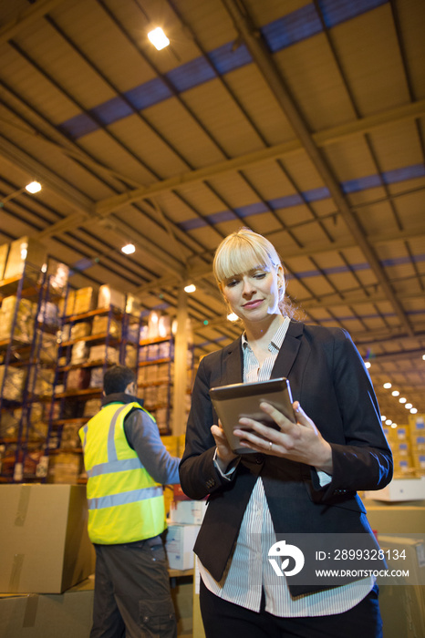 Female manager using digital tablet in distribution warehouse