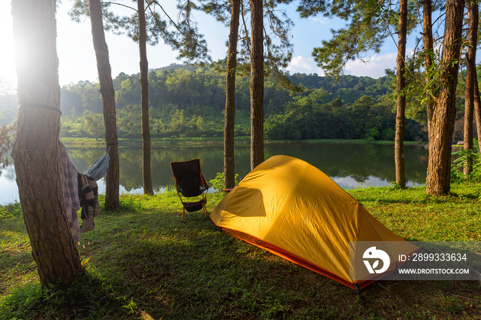 Camping and tent near river with view mountain