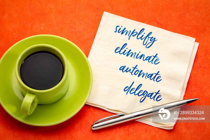 simplify, eliminate, automate, delegate concept on napkin
