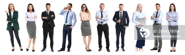 Collage with stylish business people on white background