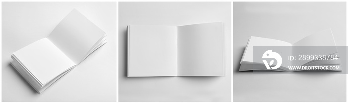 一套浅色背景的空白小册子。设计实物模型