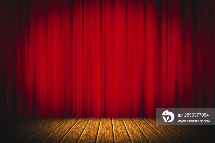 Theater red curtain on stage wooden floor entertainment background, Red curtain.