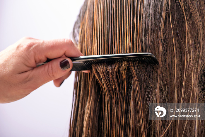 Hairdresser combing a clients hair