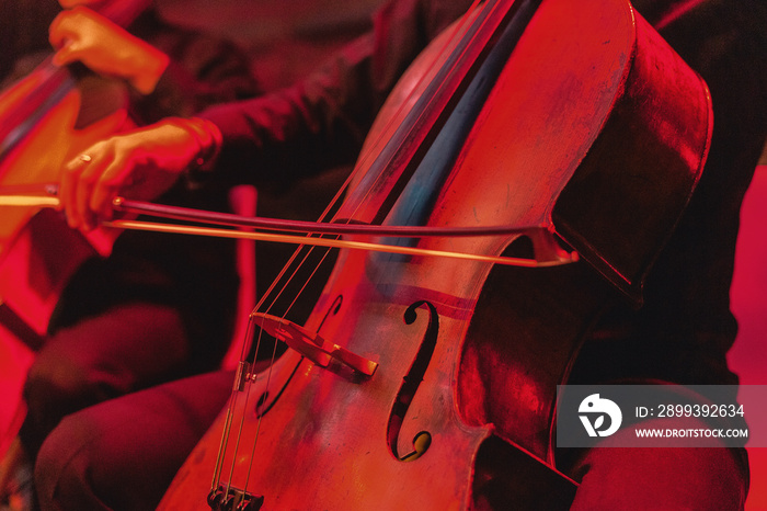 Cello concert with instrument close up. Red vibrant background at rock concert