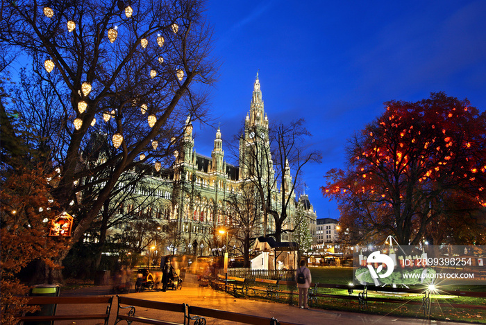 The Christmas market in front of the Rathaus (City hall) of Vienna, Austria