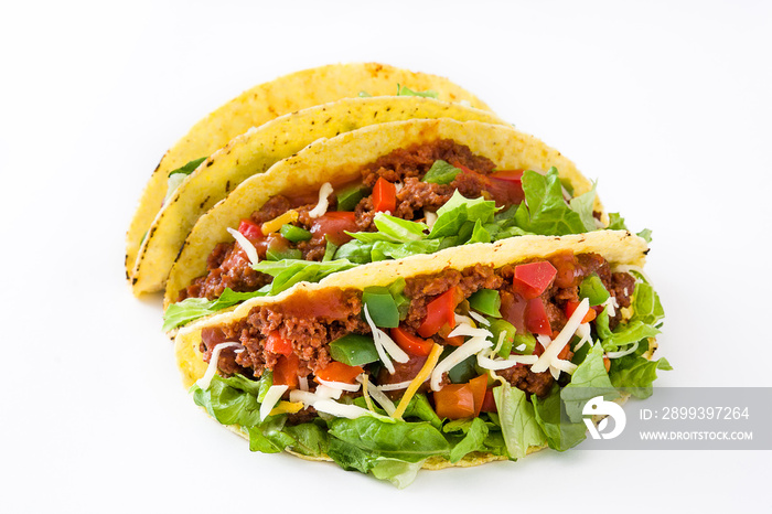 Traditional Mexican tacos with meat and vegetables, isolated on white background