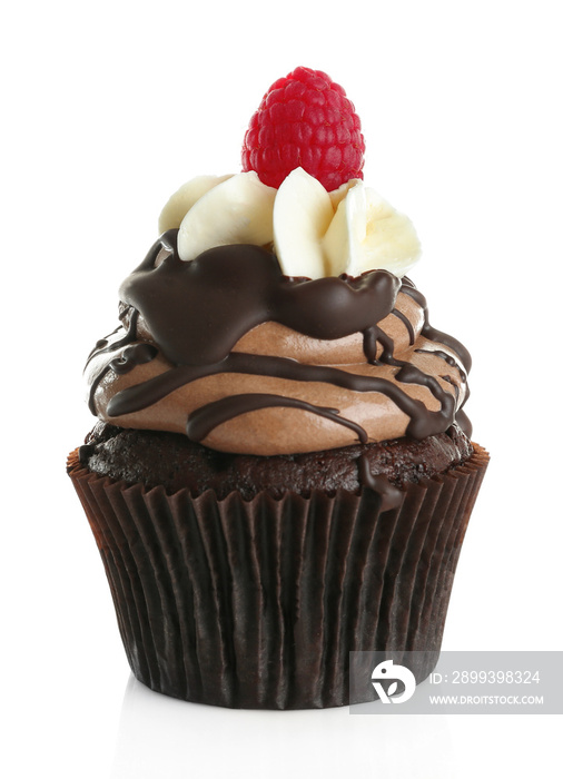 Tasty chocolate cupcake with berry isolated on white