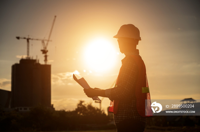 male engineer working construction site at Silhouette Sunset time