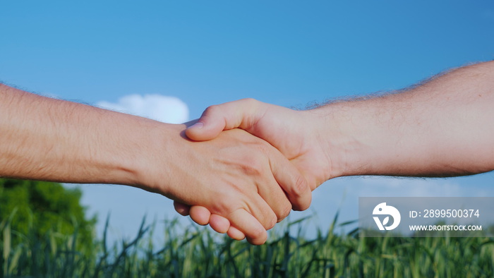 Two male farmers shake hands. Against the background of a green field and a blue sky. Deal in agribusiness concept