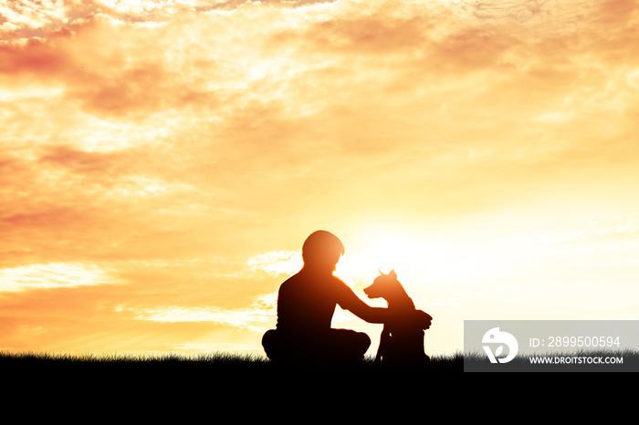 Silhouette child playing with dogs, Concept play with dog.