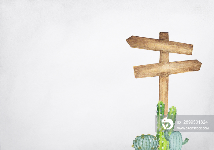 Hand drawn watercolor painting of wooden signpost with cactus on grey background