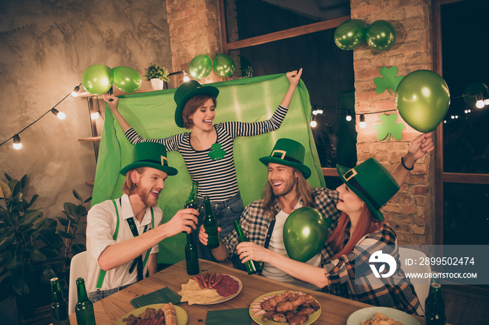 National irish traditional culture holiday party drinking ale brew green symbol flag raised up balloons lights decorated house four-leaves leprechaun caps drunk gathering big company