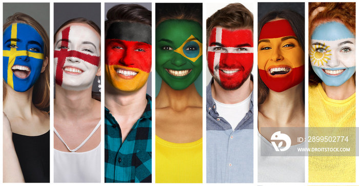 Set of people with painted flags on faces