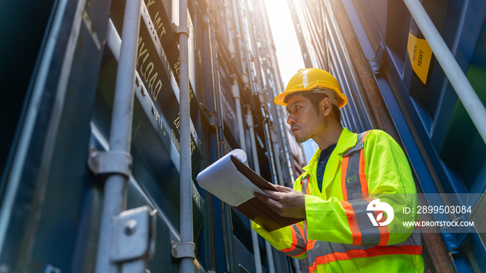 Smart Engineer or supervisor checking and control loading Containers box from Cargo at harbor.Foreman control Industrial Container Cargo freight ship at industry.Transportation and logistic concept.