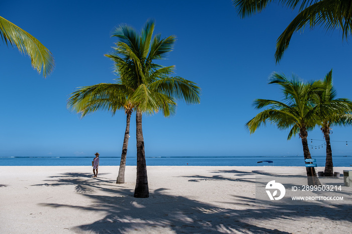 Le Morne beach Mauritius Tropical beach with palm trees and white sand blue ocean and beach beds with umbrellas, sun chairs, and parasols under a palm tree at a tropical beach. Mauritius Le Morne