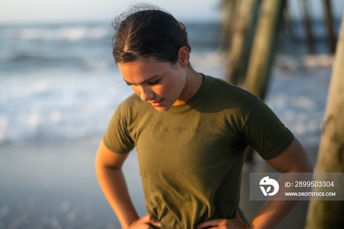 Marine veteran trains every morning on the beach to stay in shape just like when she was on active duty.