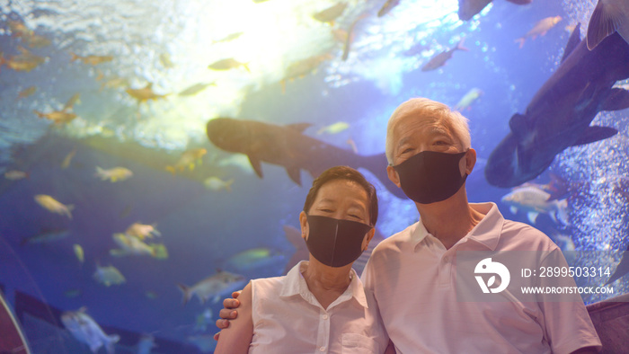 Underwater tunnel aquarium with Asian senior elder couple wear mask dating have fun happy together