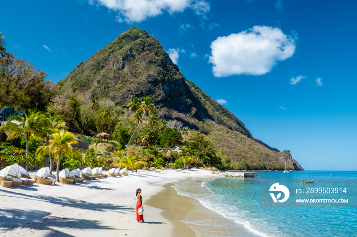 St Lucia Caribbean, woman on vacation at the tropical Island of Saint Lucia