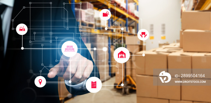 Smart warehouse management system with innovative internet of things technology to identify package picking and delivery . Future concept of supply chain and logistic network business .