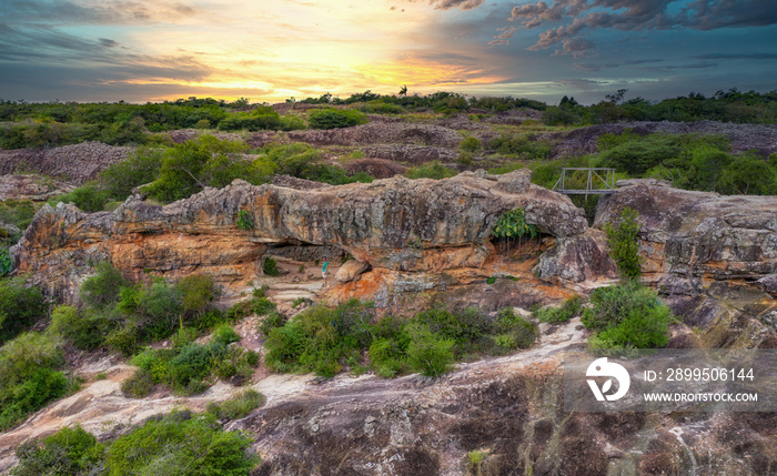 Aerial view of the rock arch on Cerro Arco in Tobati in Paraguay.