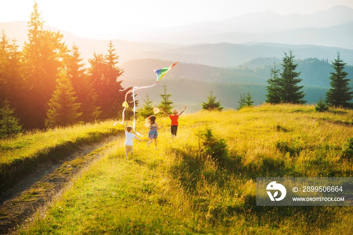 Three kids in the mountains at sunset play kite and butterfly fishing net. Happy summer holidays and childhood. Beautiful mountain landscape in summer in sunny weather.