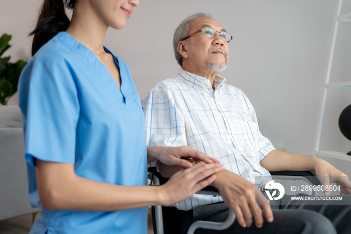 Caring nurse and a contented senior man in a wheel chair at home, nursing house. Medical for elderly senior, home care for pensioners.