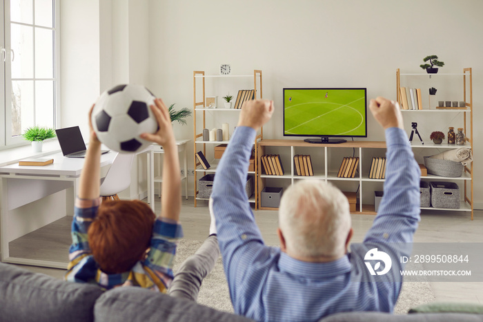 Both old and young people love football. Granddad and grandchild sitting on sofa at home, watching final soccer match on plasma TV, supporting favorite team, celebrating scoring goal and shouting