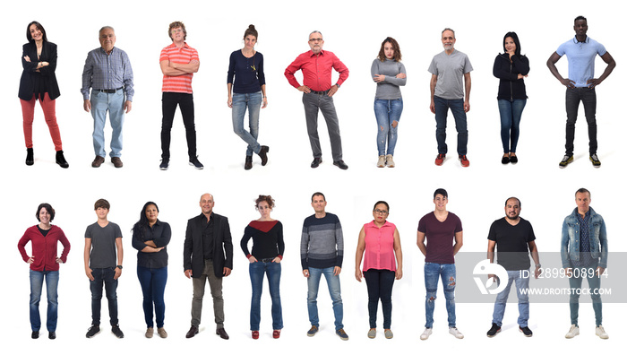 front view of a group of men and women wearing jeans on white background