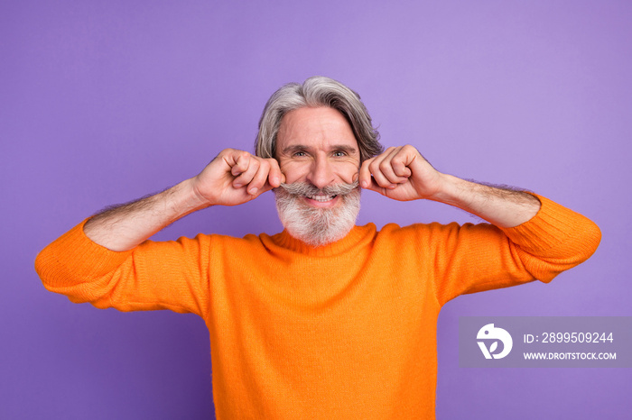 Photo of aged man happy positive smile hands touch mustache funky cool isolated over violet color background