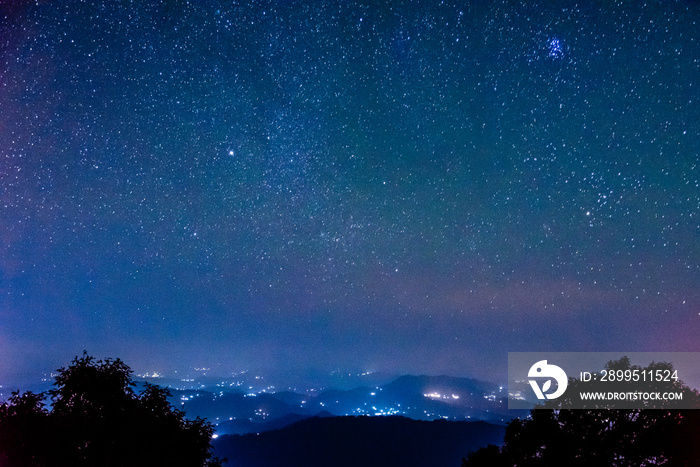 Starry night and Milky way galaxy long exposure grainy night shoot at Binsar, Uttarakhand, India.