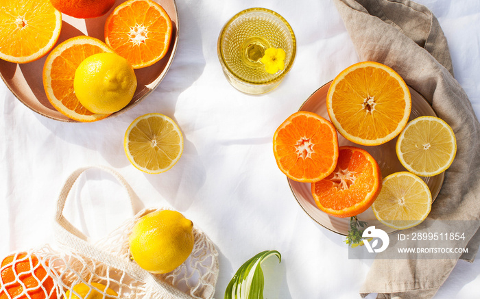 Citrus fruits such as lemon, orange, tangerine. Vitamins, food to strengthen the immune system. Copy space.